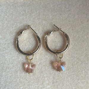 *3 for $20* Pink Butterfly Dangle Gold Hoop Earrings